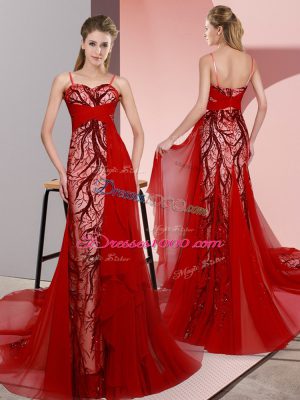 Colorful Red Lace Up Spaghetti Straps Beading and Lace Satin Sleeveless Sweep Train