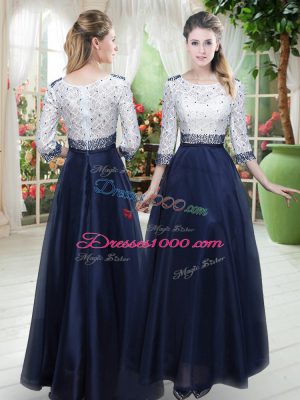 Navy Blue Zipper Formal Evening Gowns Beading and Lace 3 4 Length Sleeve Floor Length