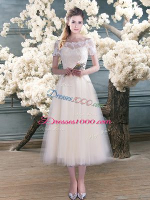 Tea Length A-line Short Sleeves White Prom Dress Lace Up