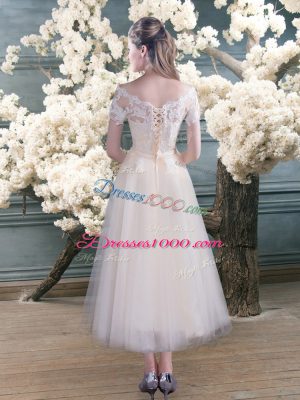 Tea Length A-line Short Sleeves White Prom Dress Lace Up