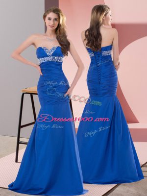 Flirting Blue Lace Up Evening Dress Beading and Ruching Sleeveless Floor Length