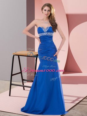 Flirting Blue Lace Up Evening Dress Beading and Ruching Sleeveless Floor Length