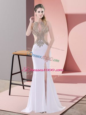 Pretty White Lace Up Scoop Beading and Lace Prom Gown Chiffon Sleeveless Sweep Train