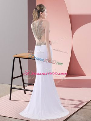 Pretty White Lace Up Scoop Beading and Lace Prom Gown Chiffon Sleeveless Sweep Train