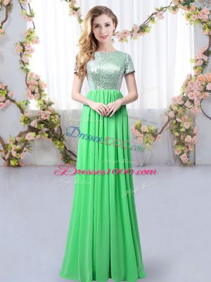 Suitable Green Empire Chiffon Scoop Short Sleeves Sequins Floor Length Zipper Wedding Guest Dresses