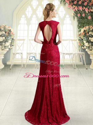 Red Backless Prom Dresses Lace Sleeveless Sweep Train