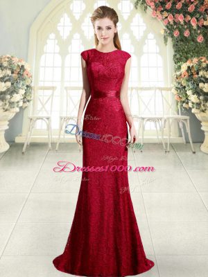 Red Backless Prom Dresses Lace Sleeveless Sweep Train