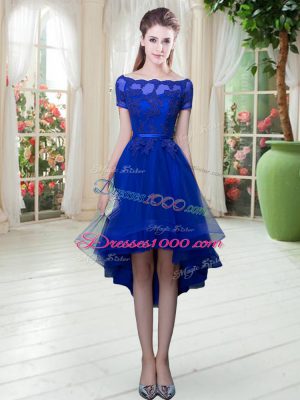 High Low A-line Short Sleeves Royal Blue Evening Dress Lace Up