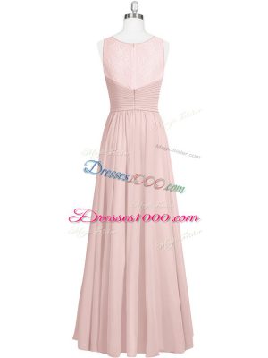 Baby Pink Chiffon Zipper Prom Dresses Sleeveless Floor Length Ruching