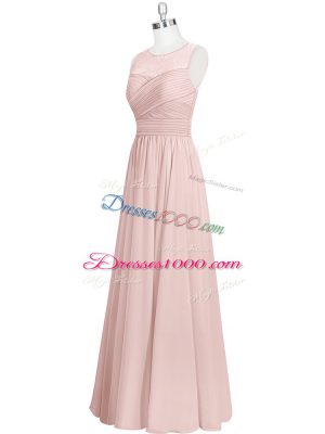 Baby Pink Chiffon Zipper Prom Dresses Sleeveless Floor Length Ruching