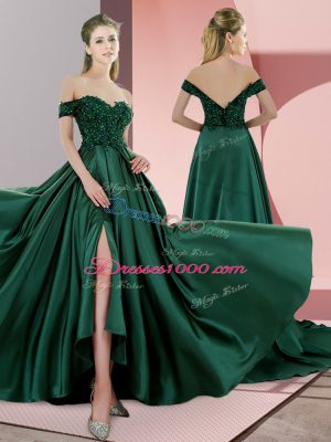 Colorful Green A-line Spaghetti Straps Sleeveless Satin Sweep Train Lace Up Beading Prom Dress