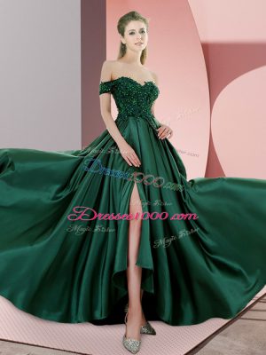 Colorful Green A-line Spaghetti Straps Sleeveless Satin Sweep Train Lace Up Beading Prom Dress