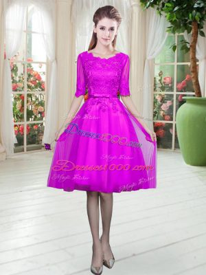 Unique Fuchsia Half Sleeves Tulle Lace Up Dress for Prom for Prom and Party
