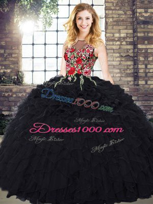 Elegant Sleeveless Floor Length Embroidery and Ruffles Zipper Quinceanera Dress with Black