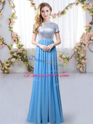 Nice Floor Length Blue Wedding Guest Dresses Scoop Short Sleeves Zipper