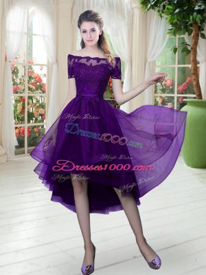 Off The Shoulder Short Sleeves Prom Party Dress High Low Lace Purple Tulle