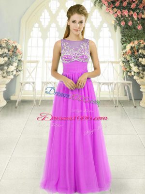 Adorable Scoop Sleeveless Prom Dresses Floor Length Beading Lilac Tulle