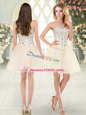 Ideal Mini Length Champagne Prom Gown Tulle Sleeveless Beading