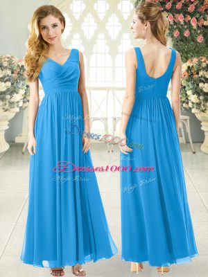 Blue Zipper V-neck Ruching Prom Party Dress Chiffon Sleeveless