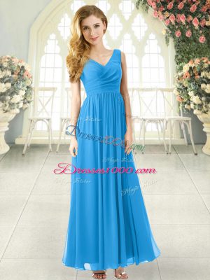 Blue Zipper V-neck Ruching Prom Party Dress Chiffon Sleeveless