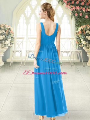 Blue Zipper V-neck Ruching Prom Party Dress Chiffon Sleeveless