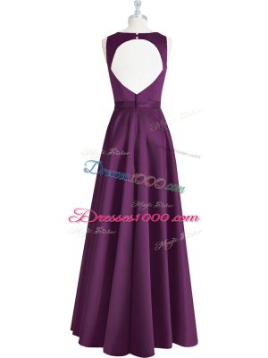 Cheap Eggplant Purple Empire Elastic Woven Satin Scoop Sleeveless Ruching and Pleated Floor Length Backless Prom Party Dress