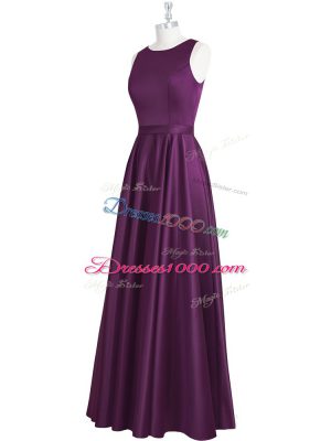 Cheap Eggplant Purple Empire Elastic Woven Satin Scoop Sleeveless Ruching and Pleated Floor Length Backless Prom Party Dress