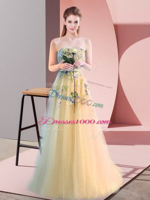 Ideal Light Yellow Tulle Lace Up Sweetheart Sleeveless Floor Length Prom Evening Gown Appliques