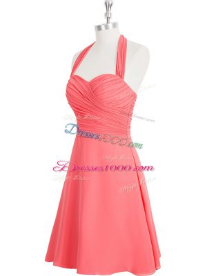 Shining Watermelon Red Chiffon Zipper Halter Top Sleeveless Mini Length Ruching