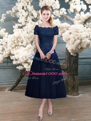 Navy Blue Short Sleeves Tea Length Lace Zipper Prom Party Dress