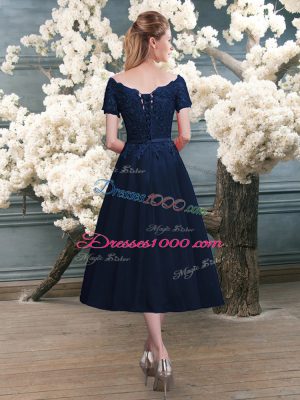 Navy Blue Short Sleeves Tea Length Lace Zipper Prom Party Dress