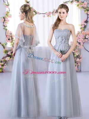 Sophisticated Floor Length Grey Quinceanera Dama Dress Tulle Sleeveless Lace