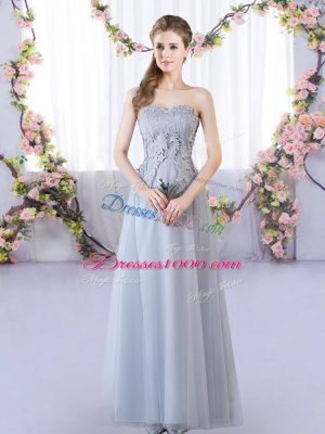 Sophisticated Floor Length Grey Quinceanera Dama Dress Tulle Sleeveless Lace