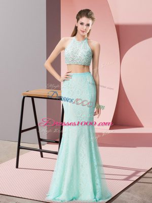 Excellent Floor Length Apple Green Evening Gowns Halter Top Sleeveless Backless