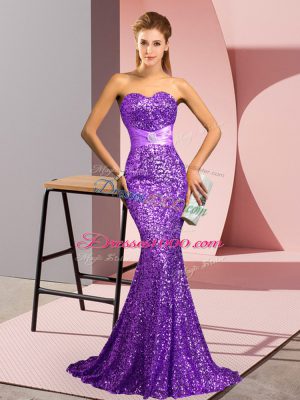 Purple Sequined Backless Prom Evening Gown Sleeveless Sweep Train Beading