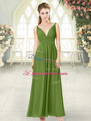 Olive Green V-neck Neckline Ruching Prom Dresses Sleeveless Backless