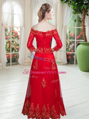 Floor Length Royal Blue Prom Gown Tulle 3 4 Length Sleeve Lace