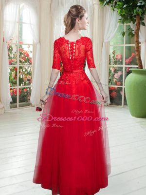 Lovely Half Sleeves Lace Lace Up Prom Dress