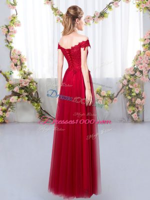 Fabulous Sleeveless Tulle Floor Length Lace Up Bridesmaids Dress in Wine Red with Lace