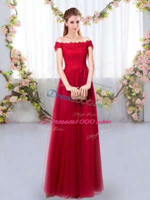 Fabulous Sleeveless Tulle Floor Length Lace Up Bridesmaids Dress in Wine Red with Lace