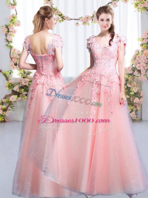 Admirable Pink V-neck Neckline Beading and Appliques Bridesmaid Gown Cap Sleeves Lace Up