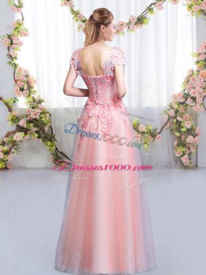 Admirable Pink V-neck Neckline Beading and Appliques Bridesmaid Gown Cap Sleeves Lace Up