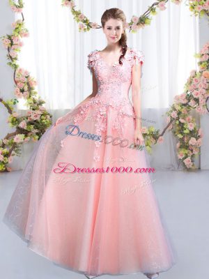 Admirable Pink V-neck Neckline Beading and Appliques Bridesmaid Gown Cap Sleeves Lace Up