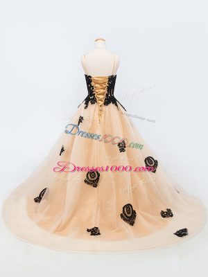 Gorgeous Peach Tulle Lace Up Spaghetti Straps Sleeveless Pageant Dress for Girls Brush Train Appliques