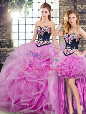 Sleeveless Sweep Train Lace Up Embroidery and Ruffles Quinceanera Dresses