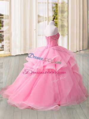 Beauteous Pink Sweet 16 Quinceanera Dress Military Ball and Sweet 16 and Quinceanera with Beading and Ruffles Sweetheart Sleeveless Sweep Train Lace Up