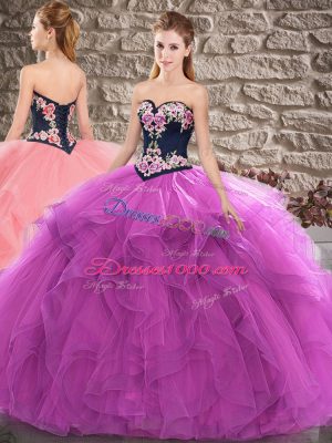 Purple Sweet 16 Quinceanera Dress Sweep Train Sleeveless Embroidery and Ruffles
