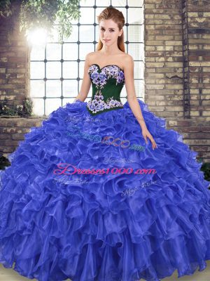 Sweetheart Sleeveless Quince Ball Gowns Sweep Train Embroidery and Ruffles Royal Blue Organza