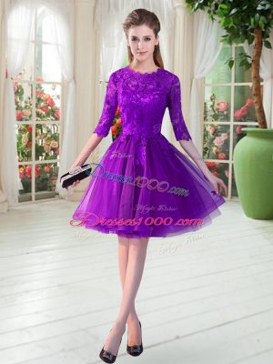 Half Sleeves Tulle Knee Length Zipper Prom Dresses in Purple with Lace