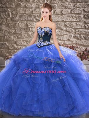 On Sale Tulle Sweetheart Sleeveless Lace Up Beading and Embroidery Quince Ball Gowns in Blue
